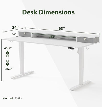 Agilestic 63 x 24 Inches Electric Standing Desk with 2 Storage Drawers, Stand Up Desk Adjustable Height, Sit and Stand Computer Table with Splice Board, White