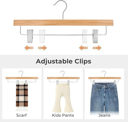 HOUSE DAY Wooden Pants Hangers with Clips, Solid Lotus Deluxe Wood Skirt Hangers, Heavy Duty & Anti-Rust Hook for Wrinkle-Free Slacks, Skirts, Jeans, Space Saving for Closet 20 Pack (Natural)
