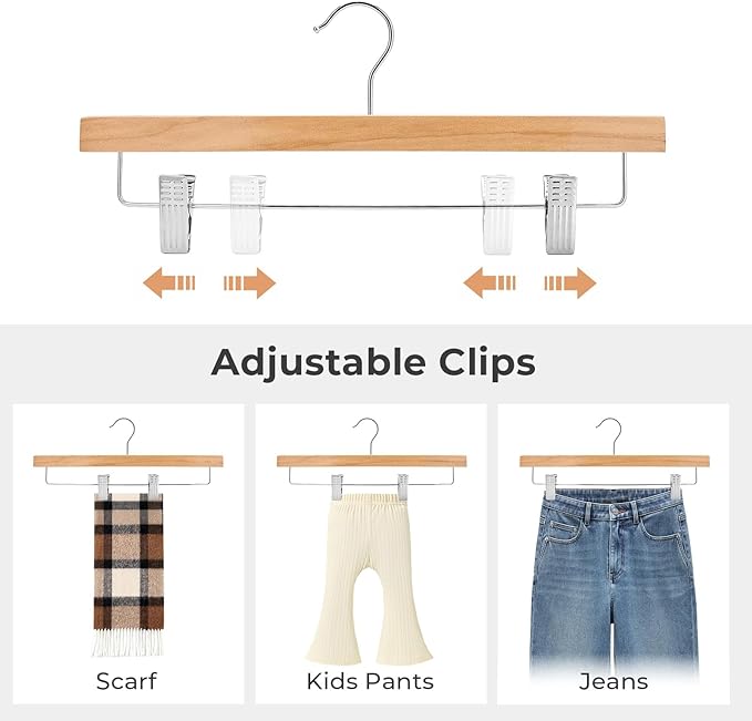 HOUSE DAY Premium Wooden Pants Hangers 50 Pack, Solid Lotus Wood Skirt Hangers with 2-Adjustable Clips, Heavy Duty & Anti Slip Wood Bottom Hanger for Slacks, Jeans, Trousers, Shorts (Natural)