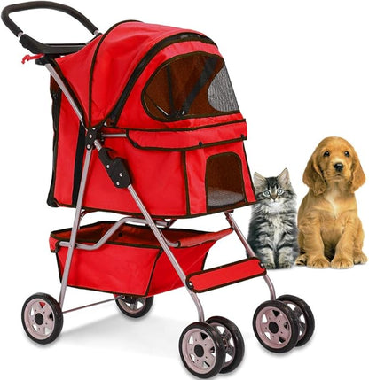 4 Wheels Pet Stroller Cat Dog Cage Stroller Travel Folding Carrier with Cup Holders and Removable Liner for Small-Medium Dog, Cat (Red)