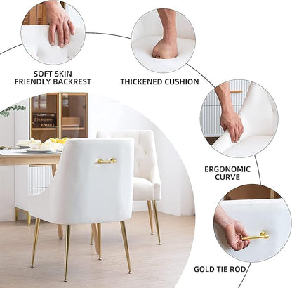 Modern Dining Chairs Set of 6, Mid Century Chairs with 5.12” Cushions and Golden Legs, Velvet Upholstered Dining Chairs with Back Pull Rod, for Kitchen, Living Room, Beige