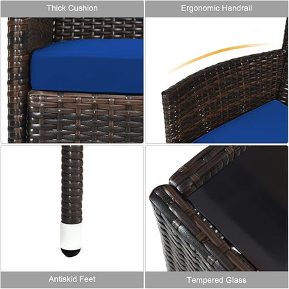 Tangkula 8 PCS Patio Rattan Conversation Set, Outdoor Wicker Furniture Set with Tempered Glass Coffee Table &Thick Cushion, Rattan Chair Wicker Set for Garden, Lawn, Poolside and Backyard (2, Navy)