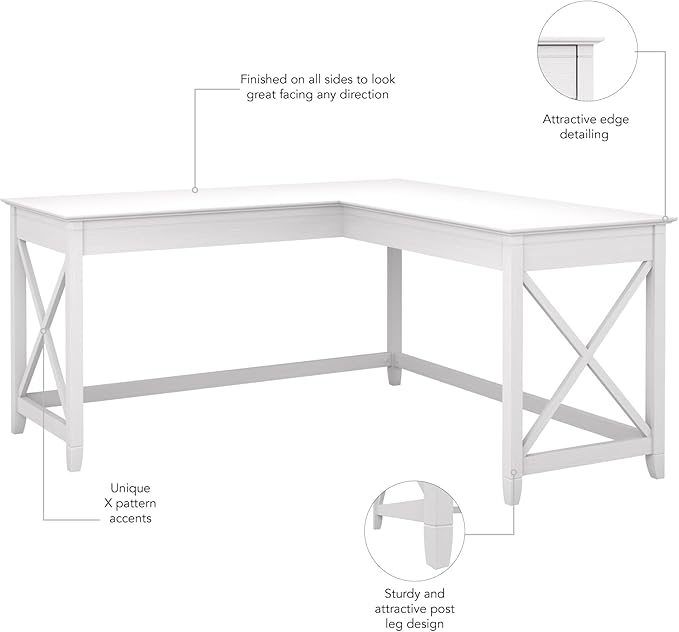 Bush Furniture Key West 60W Modern Farmhouse L Shaped Desk in Pure White Oak, 60-Inch Corner Computer Table for Home Office Workspace