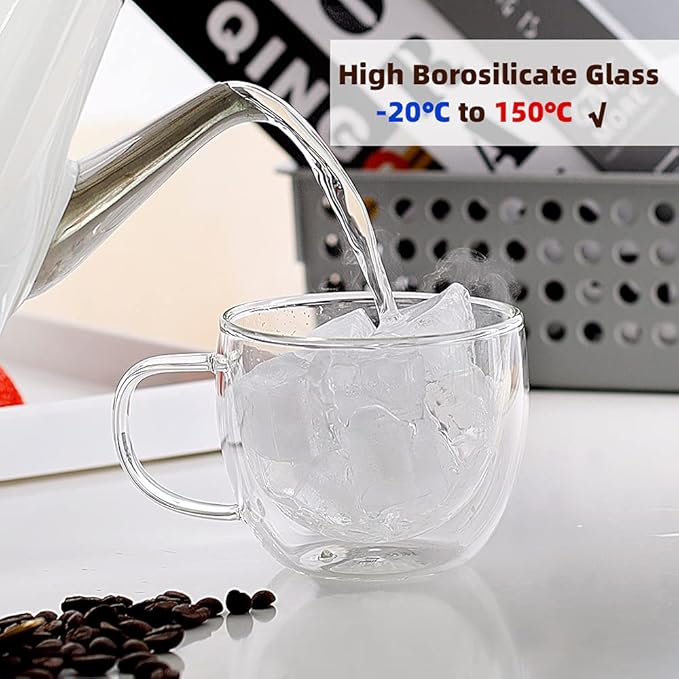 CNGLASS 8oz Double Wall Glass Coffee Mugs,Clear Insulated Espresso Glass Mugs with Handle for Latte,Cappuccino,Coffee,Set of 4