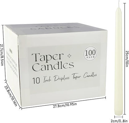 100Pack Ivory Taper Candles, 7-8 Hours Burn Time, Unscented, Smokeless and Dripless, 0.75 x 10 Inch Dinner Candle Set for Household, Wedding, Party and Home Décor Candlesticks