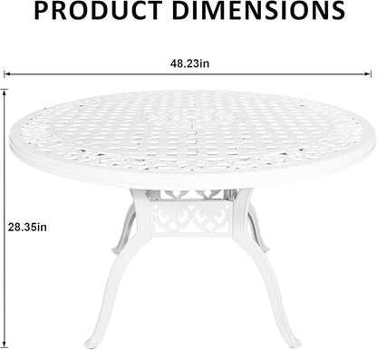 48" Round Patio Table for 6-8 Person Cast Aluminum Bistro Table with 2.36" Umbrella Hole,Metal Outdoor Dining Tables,Wrought Iron Patio Bistro Table,White Patio Table.