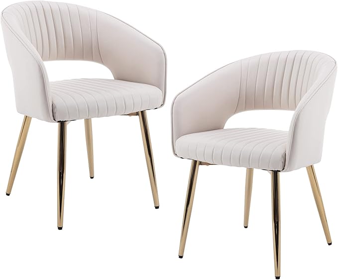 Modern Dining Chairs Set of 2, Upholstered PU Leather Gold Dining Room Chairs with Hollow Back, Accent Armrest Kitchen Chairs with Gold Legs for Living Room Cream