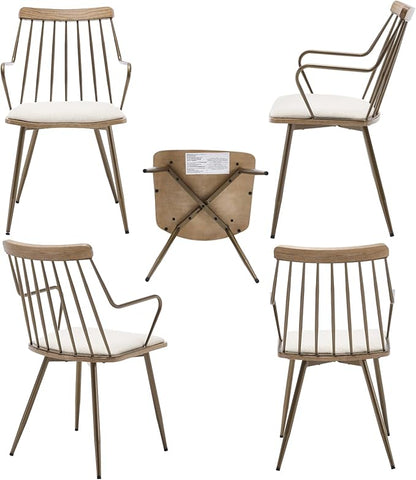 Modern Dining Chairs Set of 2, Upholstered Dining Chairs with Metal Leg, Wood Kitchen Chairs with Fence-Like Back and Curved Arm for Dining Room Kitchen Restaurant Reception (Beige)