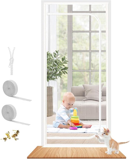 Reinforced Cat Screen Door Fits Door Size 34''x 82'', Heavy Duty Pets Proof Screen Door with Zipper, Prevent Dogs Cats Running Out from Home (White)