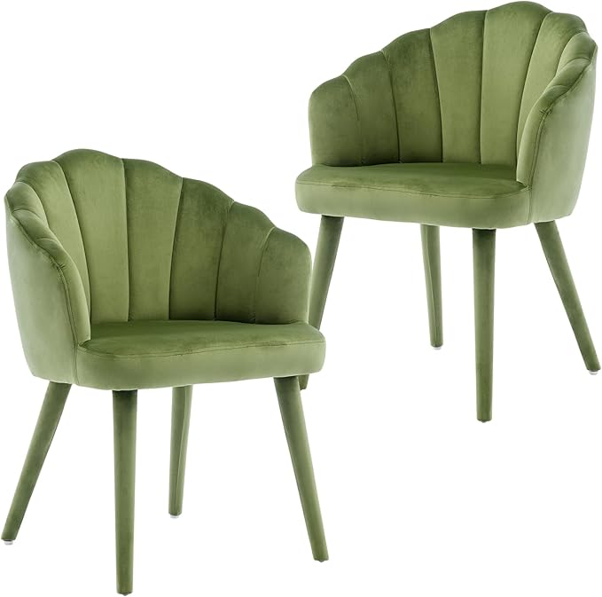 Velvet Dining Chairs Set of 2 Modern Living Room Chairs with Petal Back & Wood Legs Comfy Upholstered Side Chair for Dining Room/Bedroom/Vanity, Olive