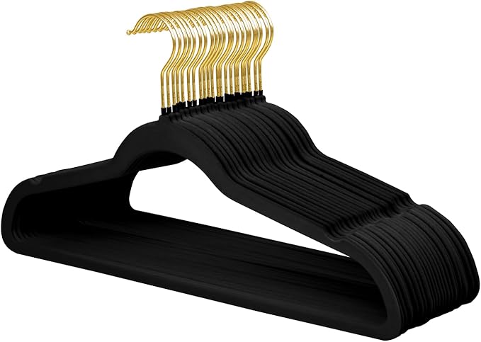 ManGotree Velvet Coat Hangers with 360° Swivel Gold Hook, Non-Slip Felt Suit Hangers, Slim Space Saving Clothes Hanger for Jacket, Sweater, Shirt, Dress, Pants (22 Pack, Black)