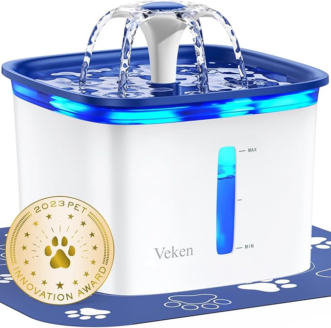 Veken Innovation Award Winner 95oz/2.8L Pet Fountain, Automatic Cat Water Fountain Dog Water Dispenser with Replacement Filters for Cats, Dogs, Multiple Pets (Blue, Plastic)