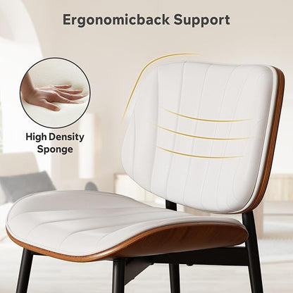 Dining Chair, Mid Century Modern Dining Room Chairs, Upholstered Faux Leather Kitchen Chairs with Walnut Bentwood Back and Metal Legs for Kitchen Dining Room Living Room, White