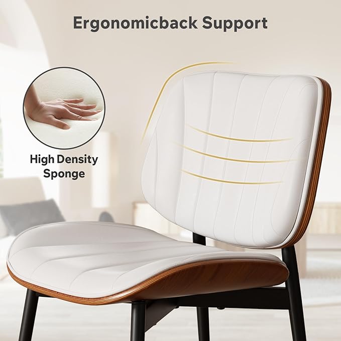 Dining Chairs Set of 4, Mid Century Modern, Upholstered Faux Leather, Walnut Bentwood Back, Metal Legs, White