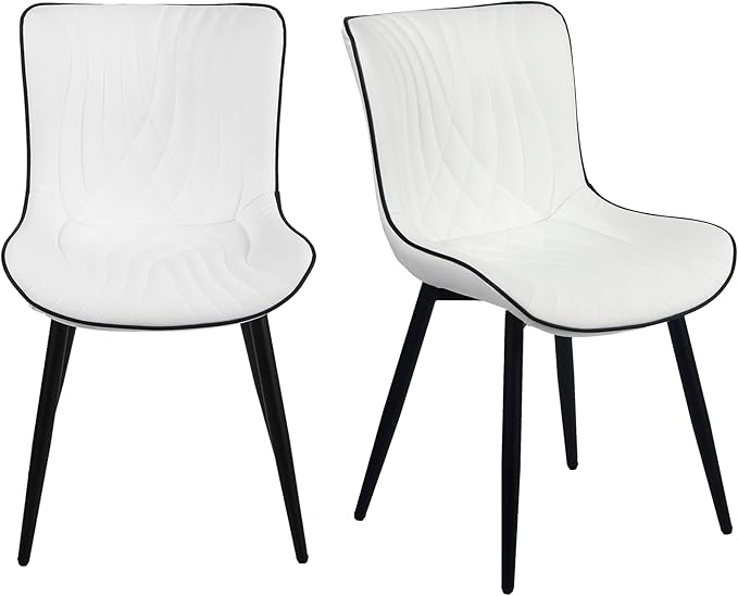YOUTASTE Dining Chairs Set of 2, Mid Century Modern Upholstered Faux Leather Kitchen Room Chairs, with Black Metal Legs, Armless Accent Chair for Living Room, Bedroom, Vanity, White