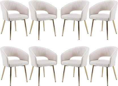 Modern Dining Chairs Set of 8, Upholstered PU Leather Gold Dining Room Chairs with Hollow Back, Accent Armrest Kitchen Chairs with Gold Legs for Living Room Cream