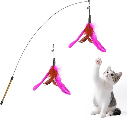 Pawaboo Feather Teaser Cat Toy, Interactive Feather Wand Cats Toy Flying Feathers Cat Catcher with Extra Long 34.5" Wand and Small Bell, Exerciser Playing Toys for Kitten or Cats, Rose + Red Brown