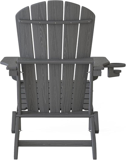Plawdlik Folding Adirondack Chair, SGS Tested, Wooden Textured with Cup Holder, Heavy All-Weather HDPE Comfortable Set Poolside Backyard Lawn Grey Set 4