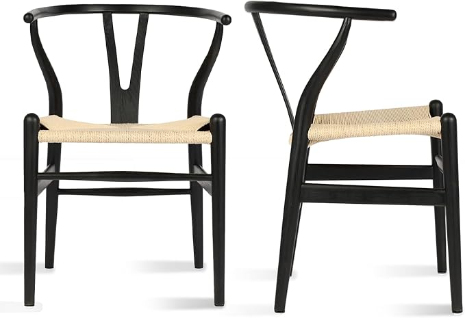 Tomile Wishbone Chair Y Chair, Wooden Dining Chairs Set of 2, Mid Century Modern Chairs with Arms, Solid Wood Weave Seat Kitchen & Dining Room Chairs (Ash Wood-Black Frame + Natural Cord)