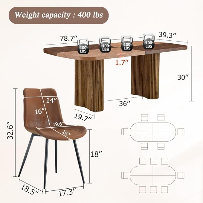 79" Large Dining Table Set for 6, Modern Farmhouse Dining Room Table Set with 1.7" Thick Two-Tone Wood Top, Sculpted Wave Legs & 6 Suede Upholstered Chairs, Wooden Kitchen Table Set for Living Room