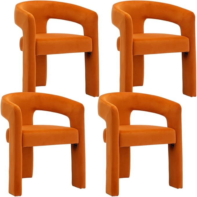 Modern Barrel Dining Chairs Set of 4, Velvet Upholstered Accent Side Chair with Arms Comfy Makeup Vanity Chairs, Dining Living Room Kitchen Chairs, Orange