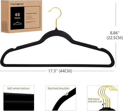 ManGotree Velvet Coat Hangers with 360° Swivel Gold Hook, Non-Slip Felt Suit Hangers, Slim Space Saving Clothes Hanger for Jacket, Sweater, Shirt, Dress, Pants (48 Pack, Black)
