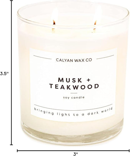 Calyan Wax Co. Musk & Teakwood 2 Wick Scented Candle - 37 Hour Burn - Luxury Non Toxic Soy Wax Candles - Long Lasting Large Glass Jar Candle for Home - 8.8oz