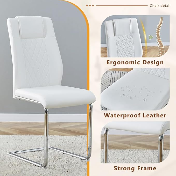 63'' Glass Dining Table Set for 6, Kitchen Table Chairs Set of 6, Clear Glass Dining Table with White unique design Leg and Silver Metal Base, 6 PU Dining Chairs with Metal Legs, Living Room, Kitchen.