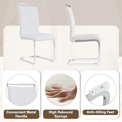Glass Dining Table Set for 4,Rectangle Dinner Table with 4 White Leather Kitchen Chairs,51 in Kitchen Room Dining Set,0.31” Tempered Glass Table Top with Silver Metal Legs,4 Dining Chairs