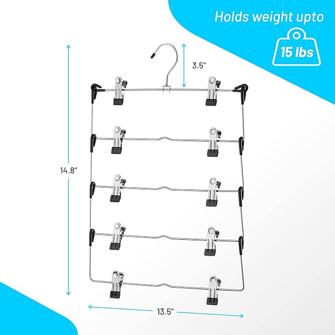 DEILSY™ 5-Tier Skirt Hangers with Clips (3 PK) Pant Space Saving Multiple in one Clothes with Clip Multiple Pants Hanger for Closet Bottom Hangers Metal Hanger with Clips
