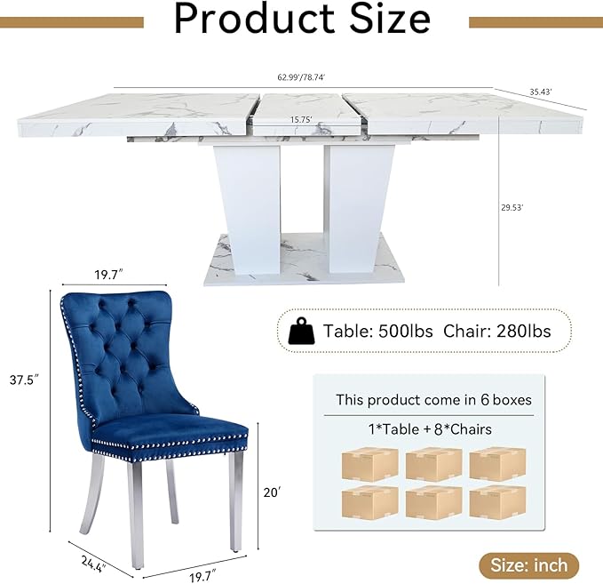 Goujxcy 9-Piece Extendable Dining Table Set for 6-8 People 63-78 Inch Kitchen Table Set with 8 Blue Upholstered Chairs Modern White Faux Marble Rectangular Dining Room Table Set for Kitchen Apartment