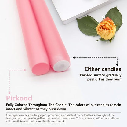 New Burning Formula Unscented Dripless 12-Inch Taper Candles Set of 12 - Pink, for Wedding, Dinner - Smokeless, Long Burning - Hand Poured, Colored Tall Candlesticks - Rosa