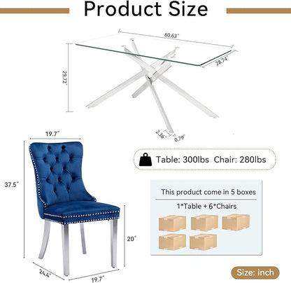 Goujxcy Glass Dining Table Set for 6, Modern Kitchen Table and Chairs Set of 6, 7-Piece Kitchen Dining Room Table Set w/61 Glass Silver Dining Table and 6 Blue Velvet Upholstered Chairs