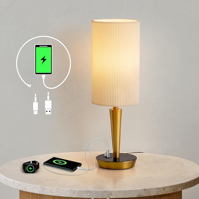 MODIVO Bedside Table Lamp with USB-C/A Charging & Touch Control, 17" Bronze Color-Finish Design & Dual-Layer Wave Shade - 3-Level Dimmable, Stable Base (E26 Bulb Included)