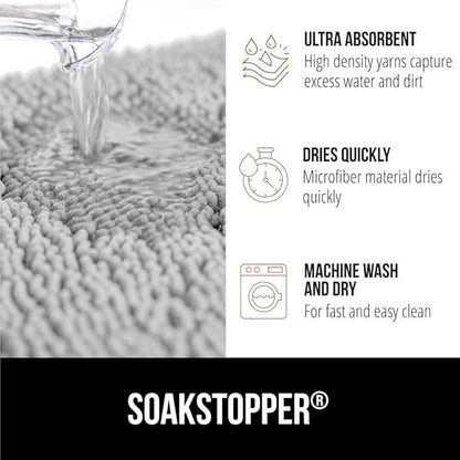 GORILLA GRIP SoakSTOPPER Dog Door Mat, 30x20 Machine Washable Rug Absorbent Doormat Captures Moisture Mud Dirt, Quick Dry Soft Chenille Entryway Rugs Indoor Entrance Mats for Dog Paws, Light Gray