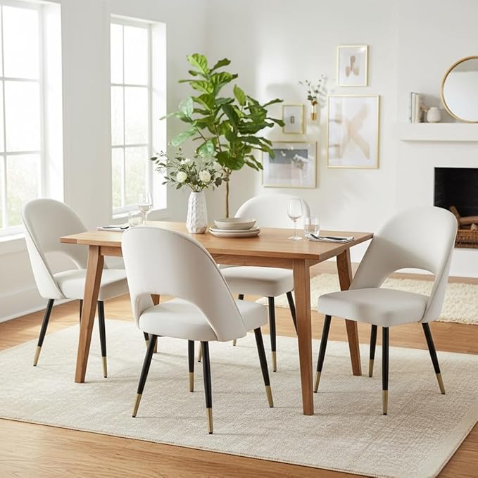 LukeAlon Classic Velvet Dining Chairs Set of 4, Upholstered Open Back Kitchen Chairs with Metal Legs Armless Side Chairs Mid Century Dining Chair for Dining Room, Beige