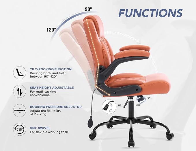 Office Chair with Adjustable Lumbar Support,Leather Ergonomic Computer Desk Chair with Flip-up Arms,Adjustable Tilt Lock,Swivel Rolling Executive PC Chair for Work, Study,Meeting,Small Space.Brown