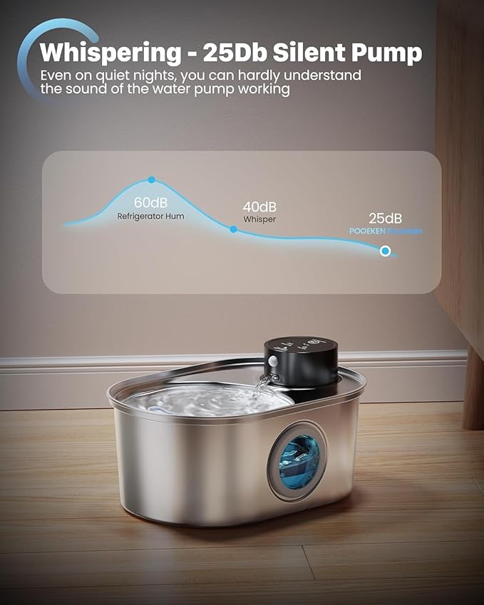 Wireless Cat Water Fountain: Battery Operated Stainless Steel Pet Fountain, Automatic Cordless Water Dispenser Indoor, Metal Faucet Bottle for Drinking, Rechargeable Dog Water Bowl with 1 Filter