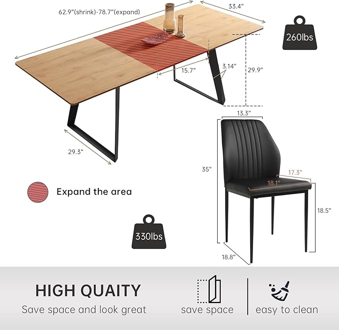 ZckyCine 63"-79" Expandable 6 Person Dining Table Set - Modern Oak Color Table with 6 Black Chairs, Dining Room Dining Table Set for Kitchen and Dining Room