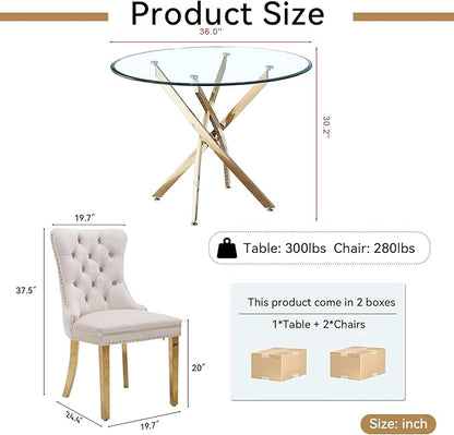 Goujxcy 3 Piece Round Glass Dining Table Set for 2, 36" Round Dining Table & Chair Set Modern Circle Glass Kitchen Table and 2 Velvet Upholstered Chairs for Kitchen Dining (Gold Table & Beige Chair)