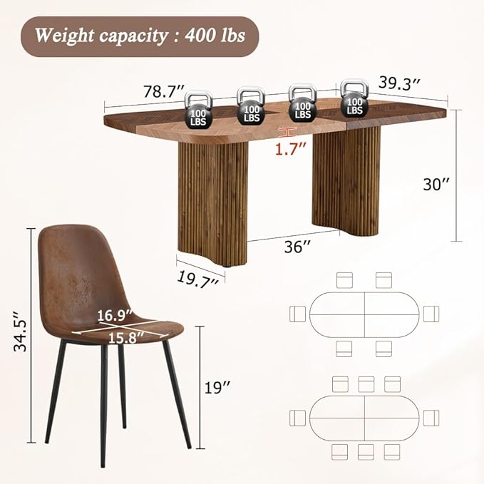 79" Large Dining Table Set for 8, Rectangular Wood Dining Room Table with 8 Suede Upholstered Chairs, 1.7" Thick Two-Color Wood Top & Sculpted Wave Legs, Modern Farmhouse Kitchen Table and Chairs Set