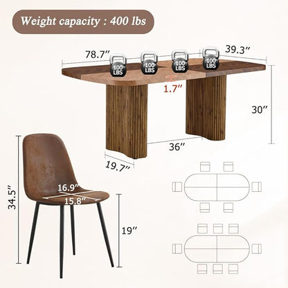 79" Large Dining Table Set for 8, Rectangular Wood Dining Room Table with 8 Suede Upholstered Chairs, 1.7" Thick Two-Color Wood Top & Sculpted Wave Legs, Modern Farmhouse Kitchen Table and Chairs Set