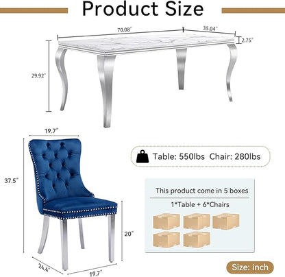 Goujxcy 70" Marble Dining Table Set for 6, Modern 7 Piece Dining Room Table Set with White Faux Marble Dining Table & 6 Blue Velvet Upholstered Chairs, Luxury Silver Kitchen Table Chairs Set of 6