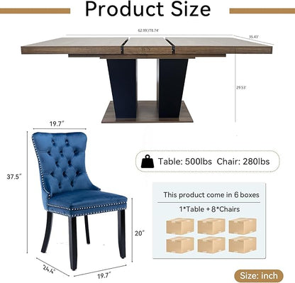 Goujxcy 78.7" Extendable Dining Room Table Set for 8, 9-Piece Farmhouse Kitchen Dining Room Table Set with Wood Base and 8 Black Velvet Tufted Chairs, Extending Kitchen & Dining Table Set of 8