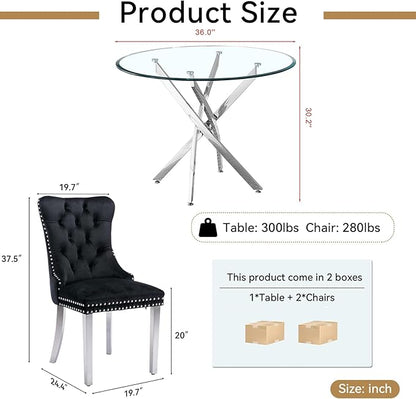Goujxcy 3 Piece Round Glass Dining Table Set for 2, 36" Round Dining Table & Chair Set Modern Circle Glass Kitchen Table and 2 Velvet Upholstered Chairs for Kitchen Dining (Silver Table & Black Chair)
