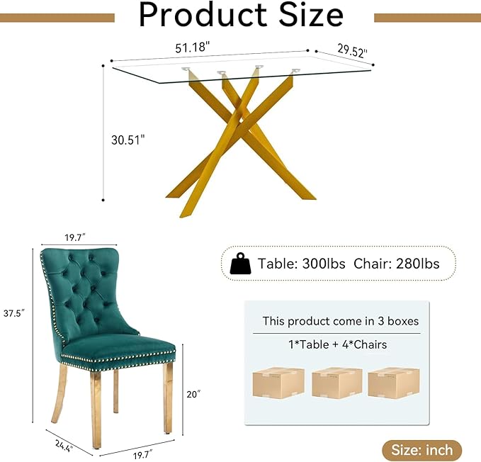 Goujxcy 5 Piece Glass Dining Table Set Modern Glass Dining Table Set for 4, 51" Rectangular Kitchen Table and 4 Velvet Upholstered Chairs for Kitchen Dining Room, Gold Table & Green Chair