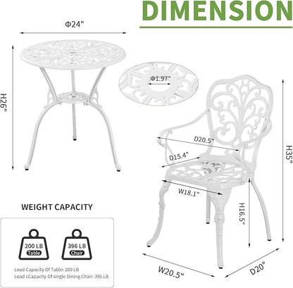 Cast Aluminum Bistro Table and Chairs Set of 2 with Umbrella Hole for Yard (WHITE1)