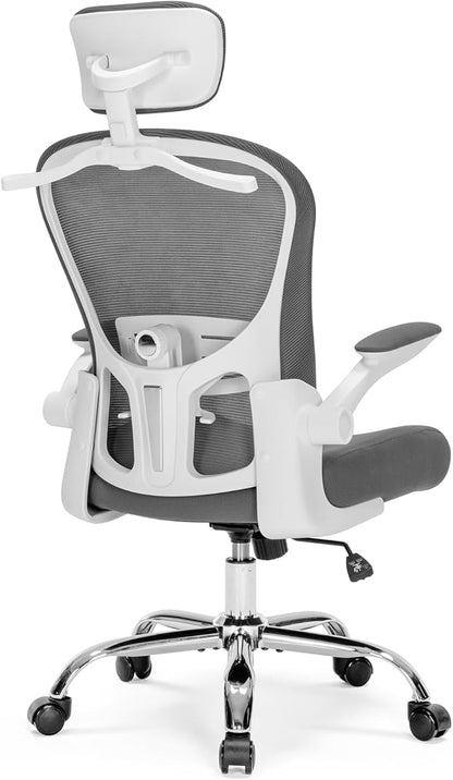 Ergonomic Gaming Chair with Adjustable Lumbar Support and Headrest, High Back Computer Chair for Office and Home Desk, 90-120° Reclining Swivel Task Chair with Flip-Up Arms(White-Grey)