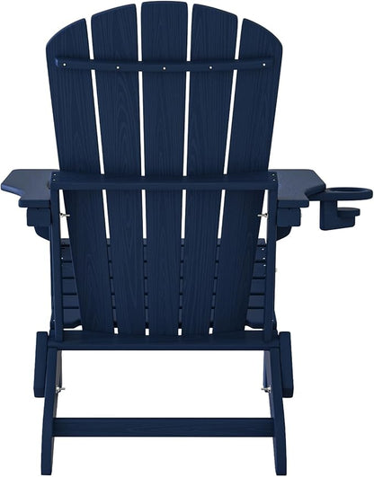 Plawdlik Folding Adirondack Chair, SGS Tested, Wooden Textured with Cup Holder, Heavy All-Weather HDPE Comfortable Set Poolside Backyard Lawn Navy Blue Set 4