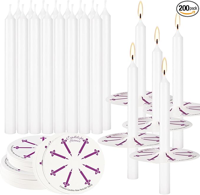 200 pcs Church Candles with Drip Protectors for Devotional Candlelight Vigil Service, Unscented White 5" H X 1/2" D, No Smoke, Shabbat, Praye